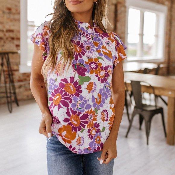 NWT Floral Print Flutter Sleeve Blouse Top - Picture 2 of 4